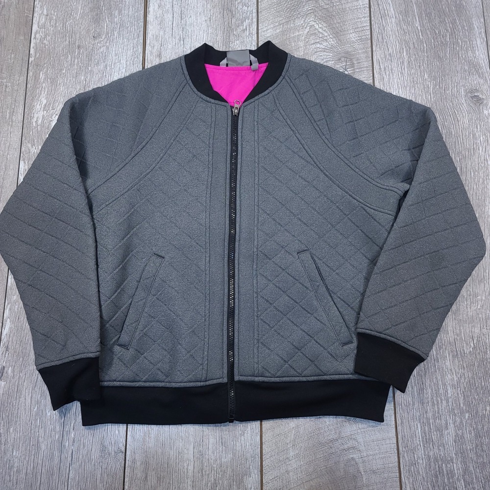 Athleta Infusion Bomber Jacket Womens Large Gray Quilted Full Zip Pink Lining